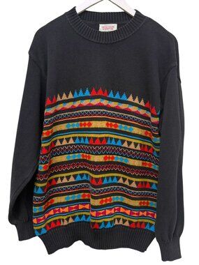BENETTON Vintage Cotton Sweater Medium Black Aztec Design Made In Italy